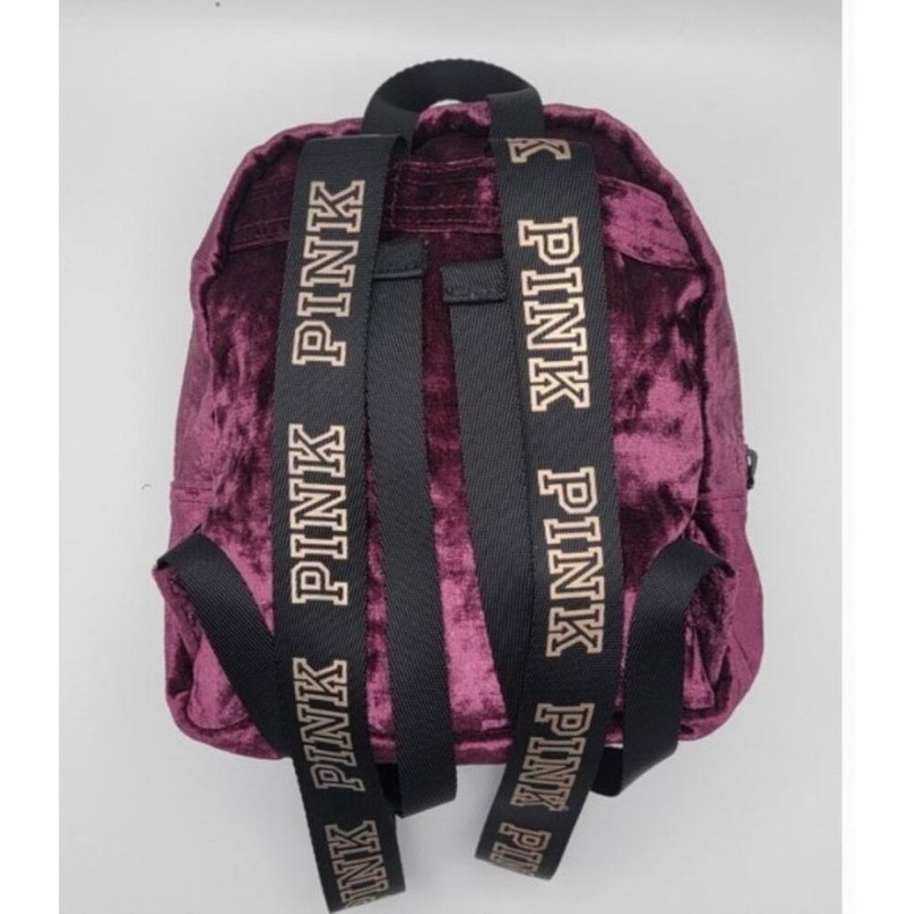 Victoria’s Secret PINK Burgundy Crushed Velvet Mini Backpack | Logo Straps | Zip - Picture 7 of 9